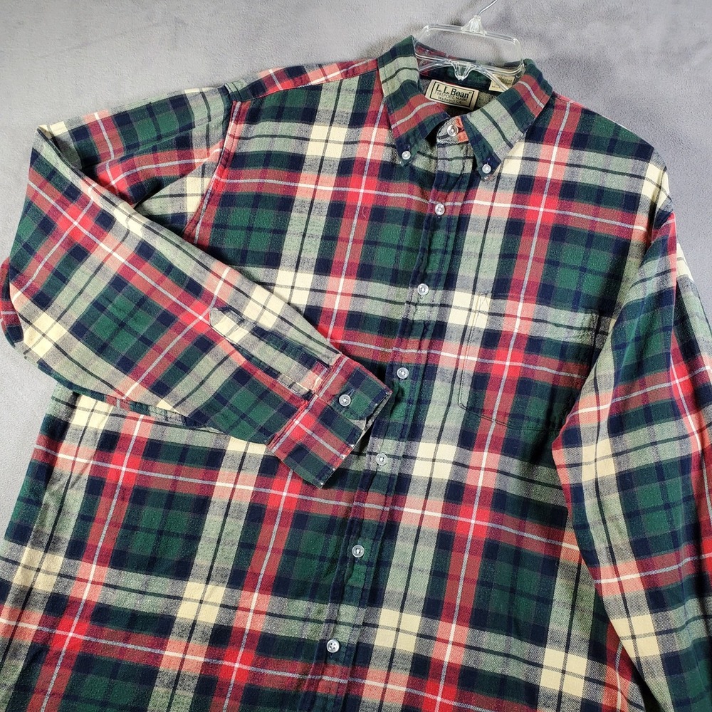 VTG‎ LL Bean Shirt Mens LT Green Red Plaid Flannel Button Down Grunge 90's *FLAW